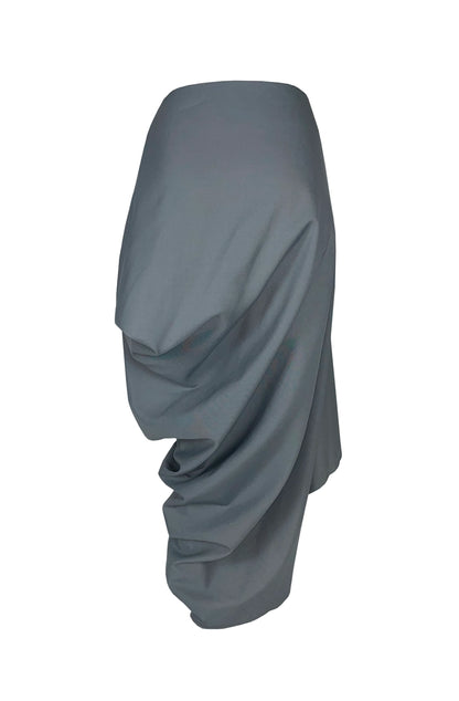 Hidden pocket skirt back view showing draped silhouette, zero-waste wool made-to-order UK