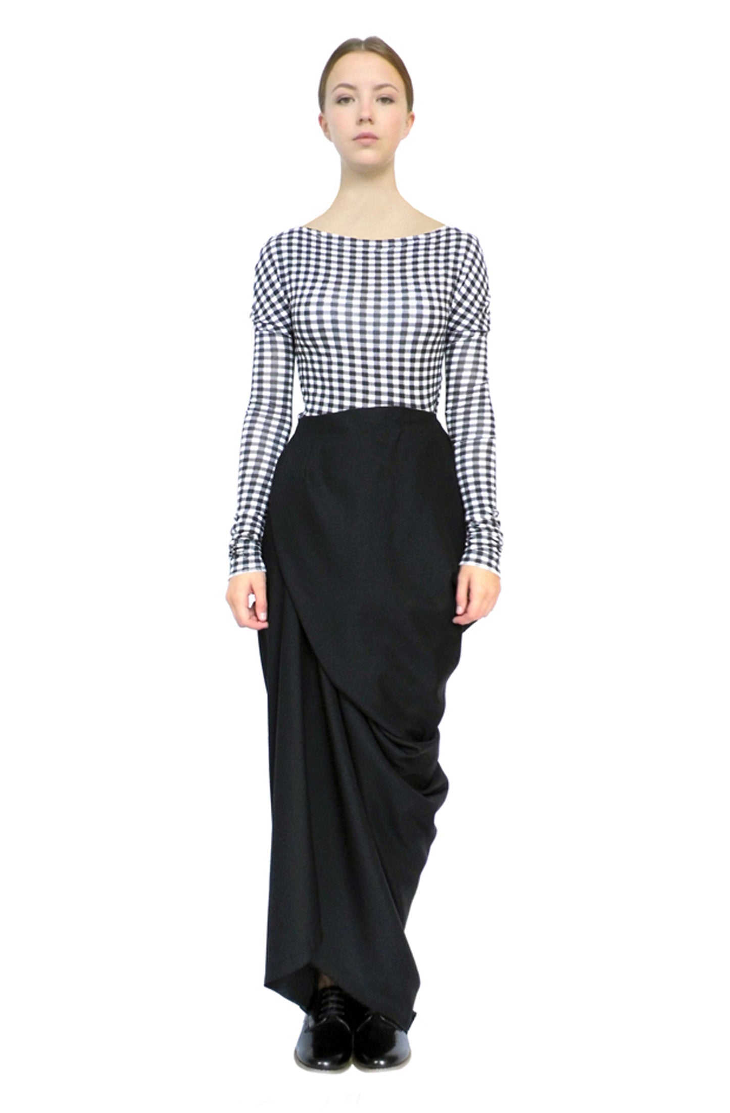 Zero-waste black cotton secret skirt with asymmetric drape, sustainable luxury full-length made in UK