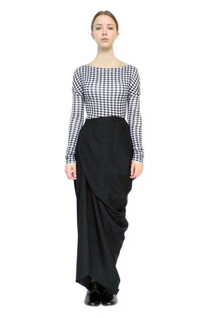 Zero-waste black cotton secret skirt with asymmetric drape, sustainable luxury full-length made in UK