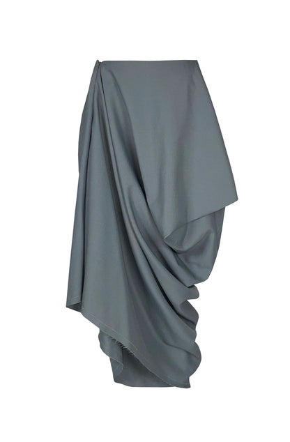 Hidden pocket skirt grey wool with asymmetric drape, zero-waste Yorkshire fabric UK-made