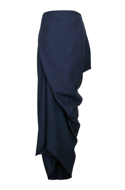 Zero-waste navy Yorkshire wool skirt with asymmetric drape and hidden pocket made in UK