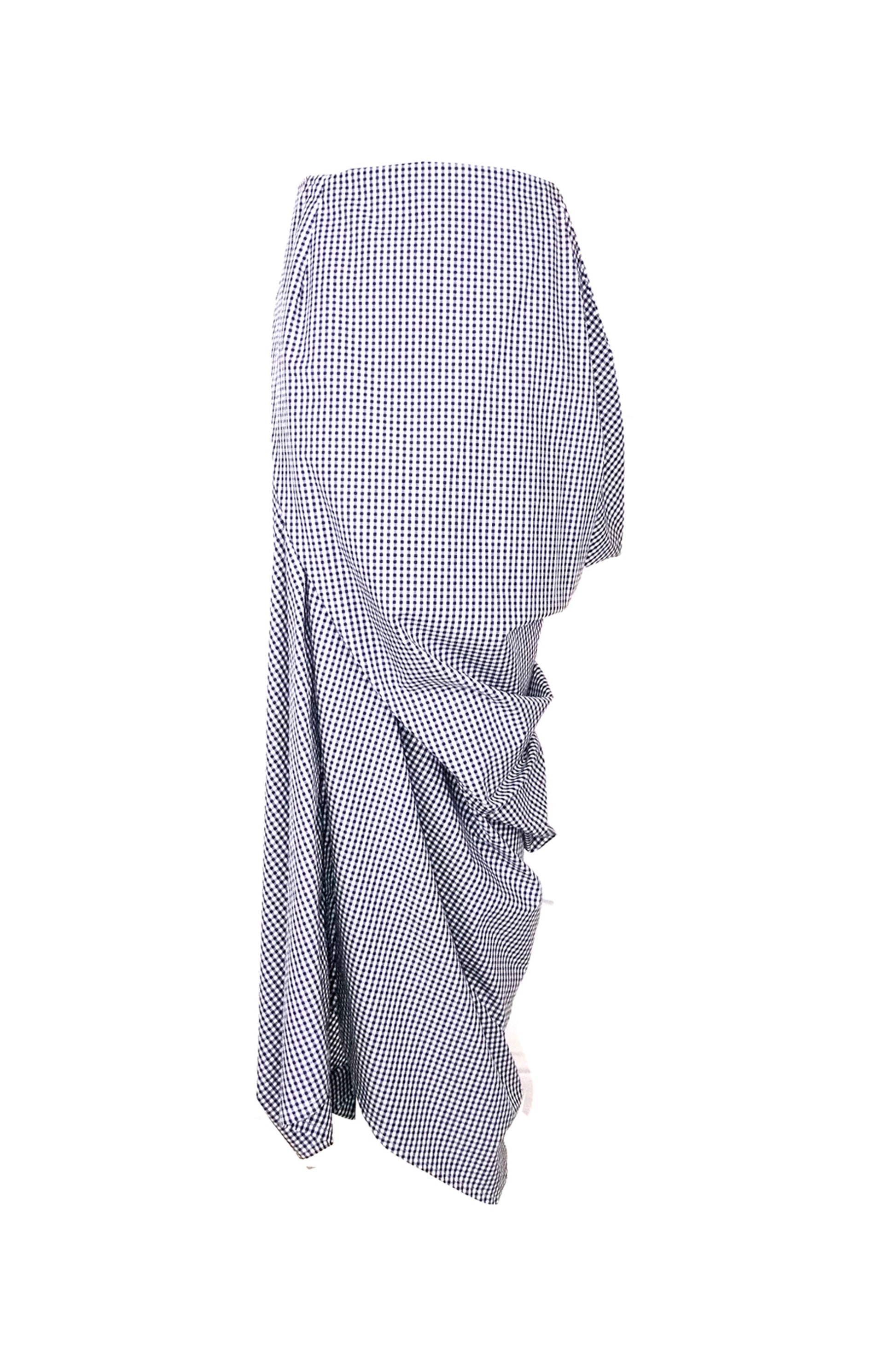 Zero-waste gingham cotton skirt with asymmetric drape and wrap front, sustainable luxury made-to-order in UK