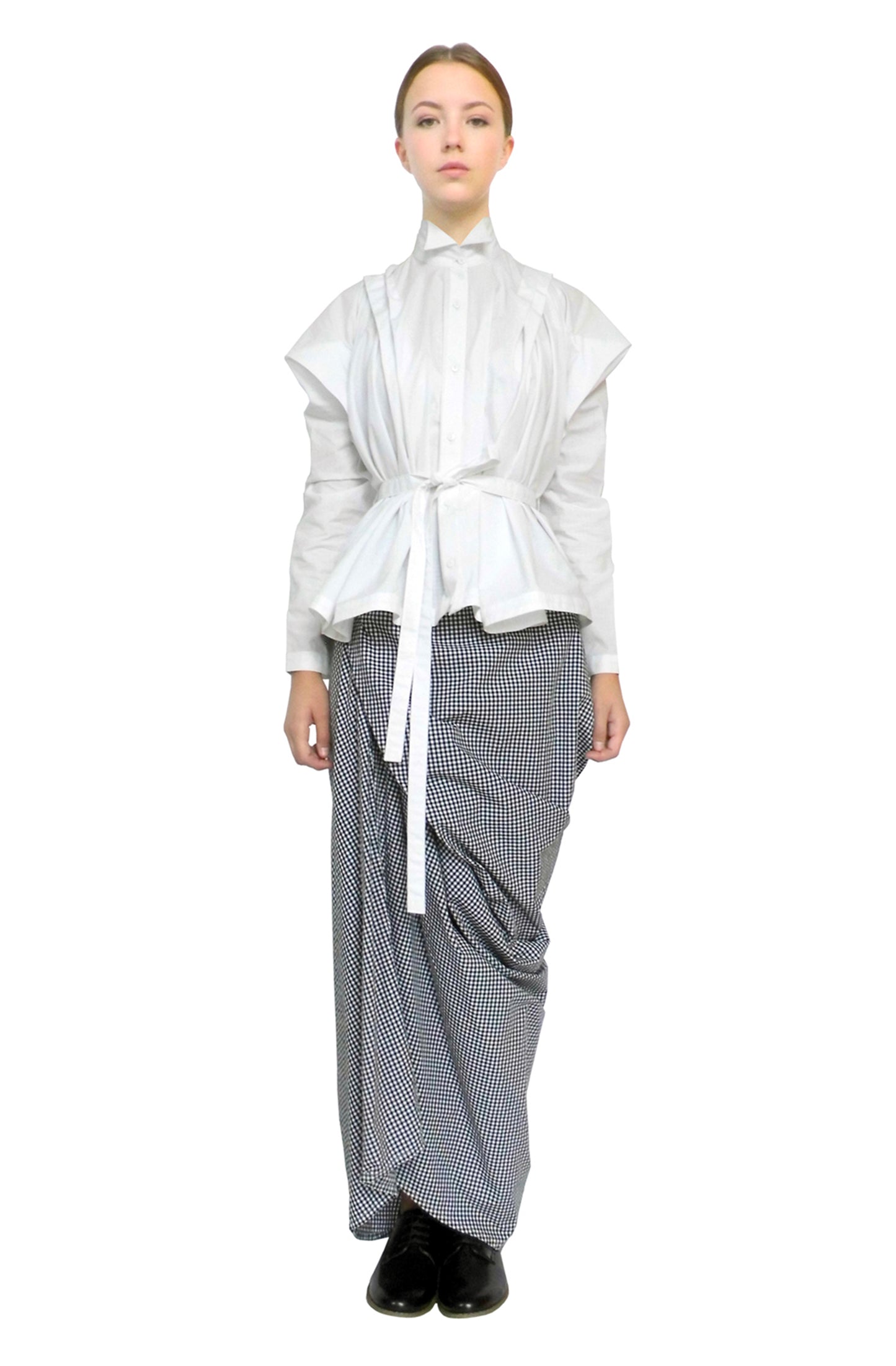 Zero-waste gingham cotton secret skirt with asymmetric drape, sustainable luxury full-length made-to-order in UK