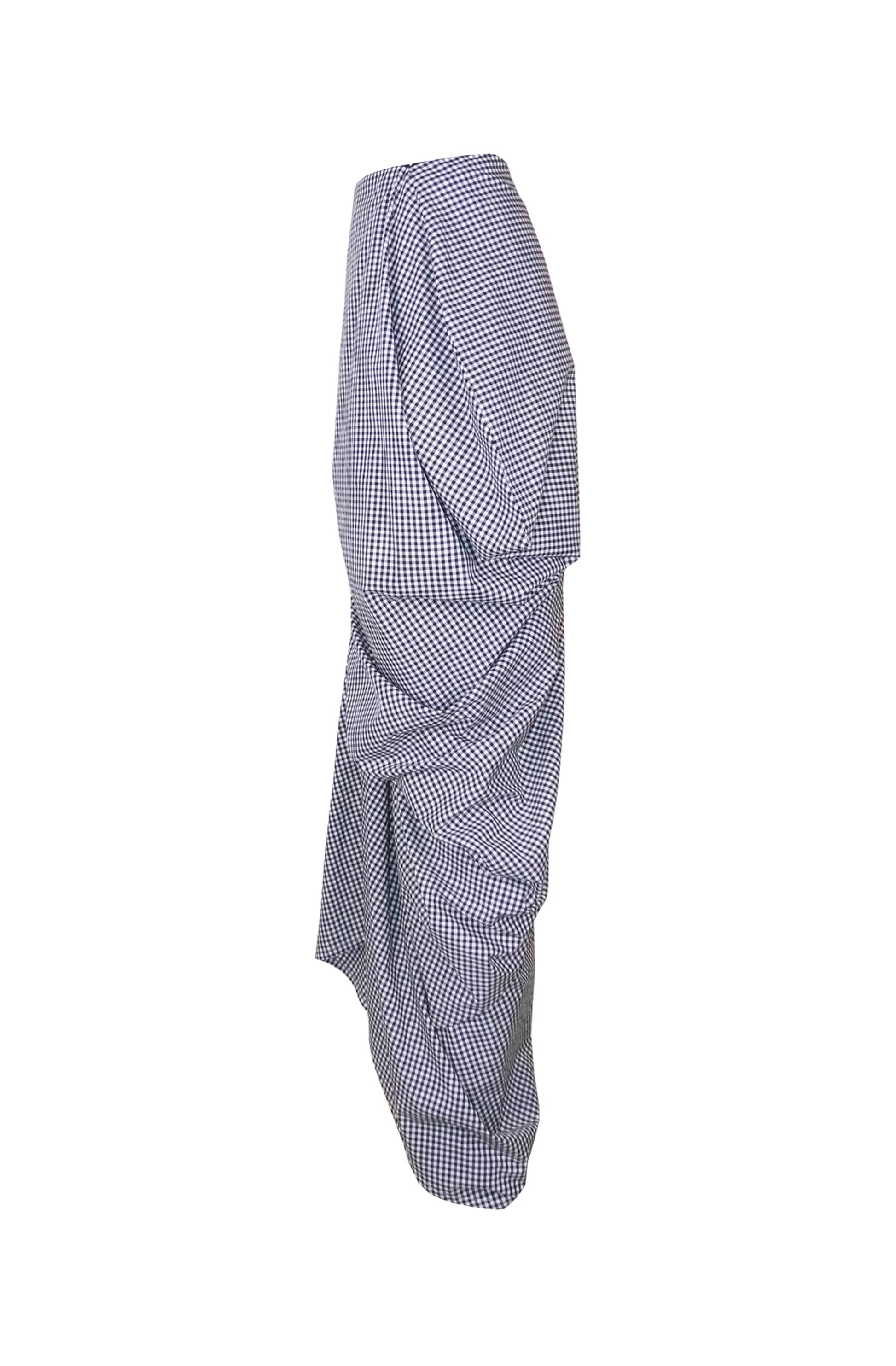 Zero-waste secret skirt in gingham cotton with asymmetric drape, sustainable timeless luxury made-to-order in UK