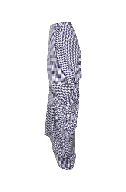 Zero-waste secret skirt in gingham cotton with asymmetric drape, sustainable timeless luxury made-to-order in UK