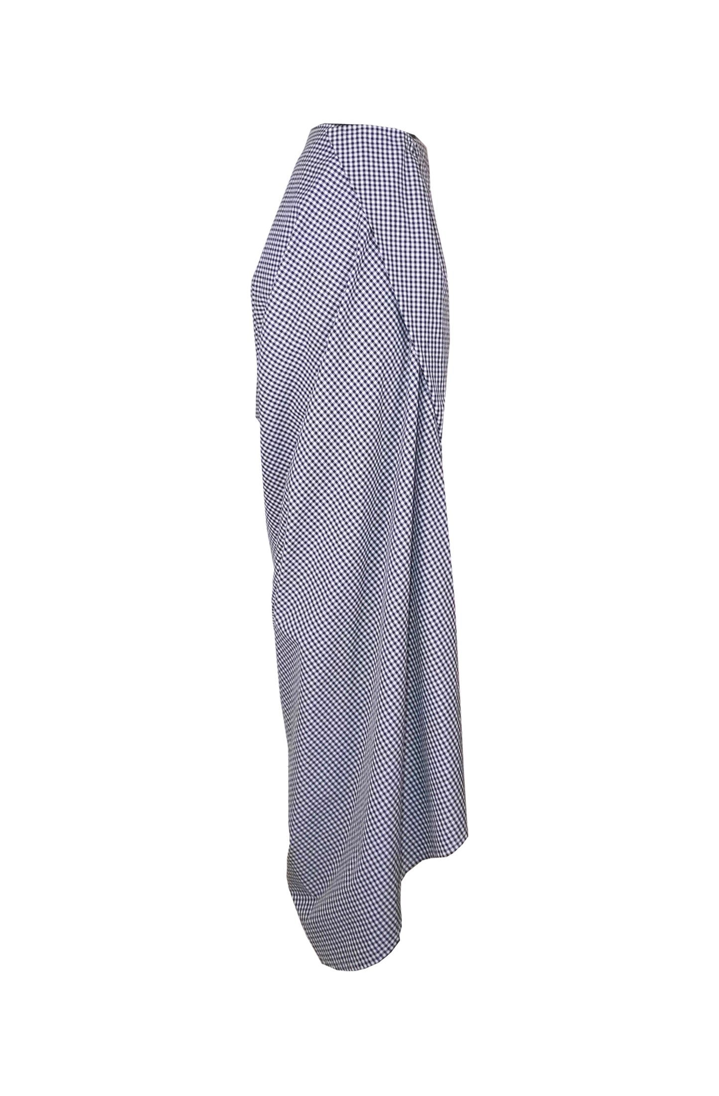 Zero-waste gingham cotton secret skirt with asymmetric drape, sustainable luxury full-length made-to-order in UK
