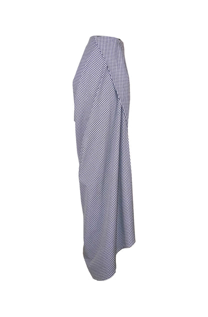 Zero-waste gingham cotton secret skirt with asymmetric drape, sustainable luxury full-length made-to-order in UK