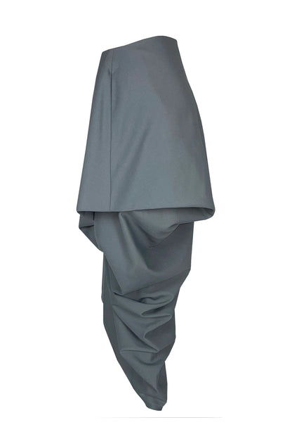 Hidden pocket skirt left side showing layered drape, zero-waste UK craftsmanship