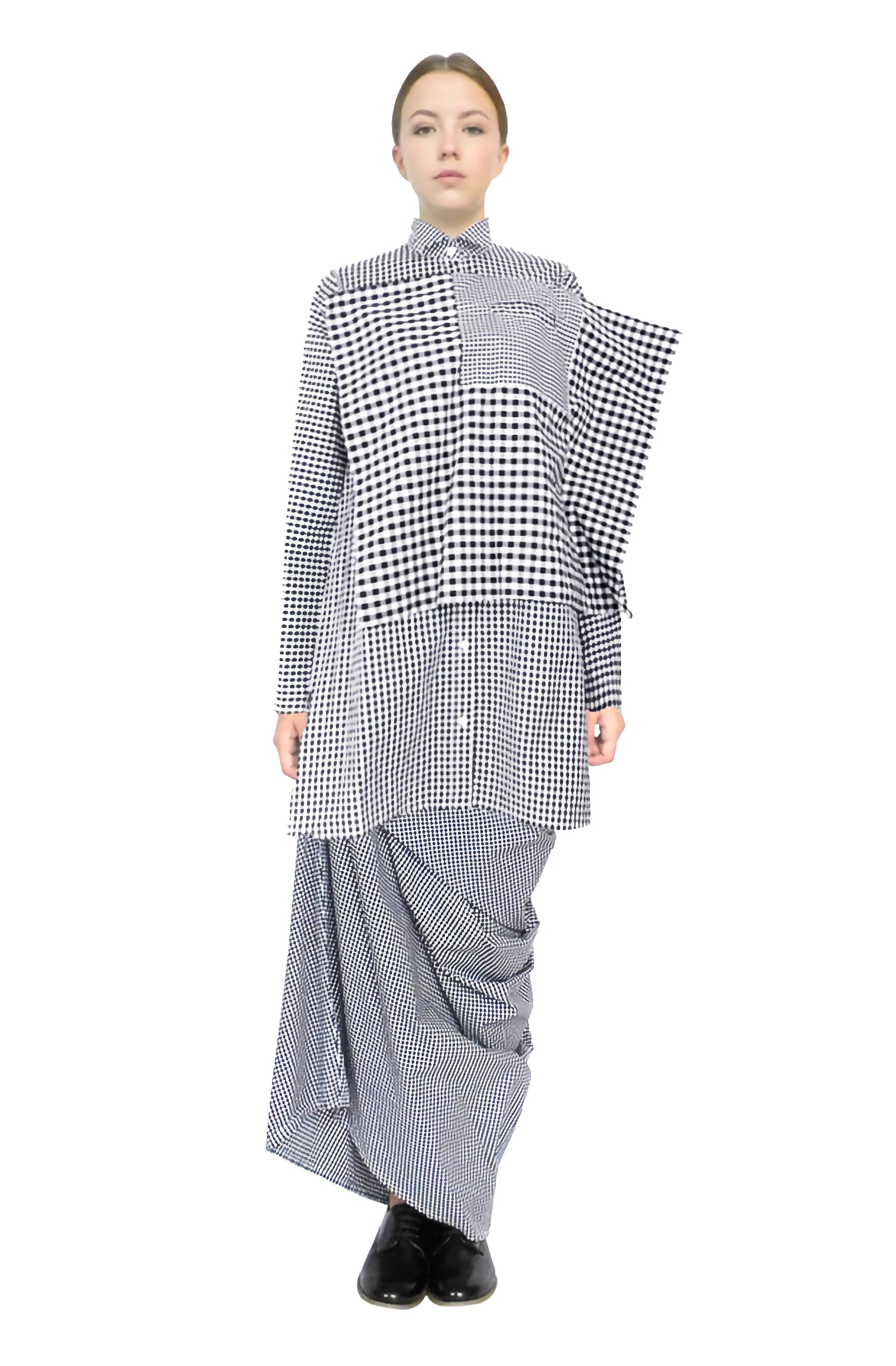 The dress for life is a gingham cotton shirt dress, a storytelling fashion piece of wearable art