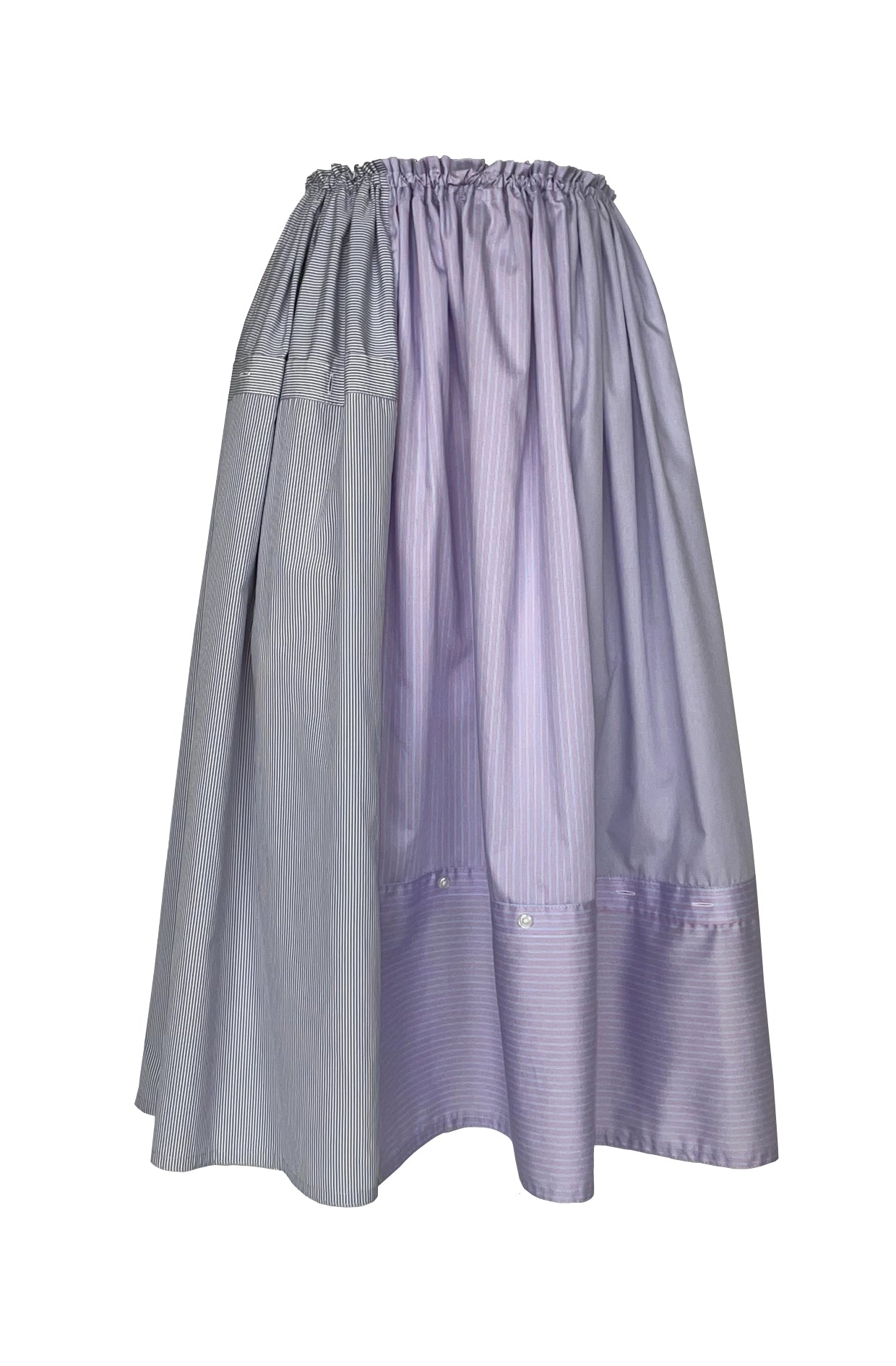Sustainable recycled multicoloured skirt made with reuses cotton shirts with striped pattern on a white background