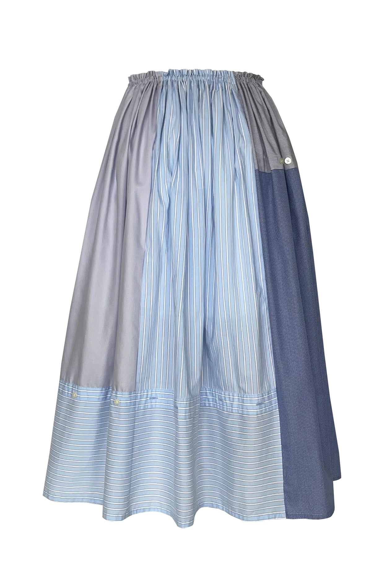 Long blue and gray striped skirt on a white background innovative fashion made in Britain