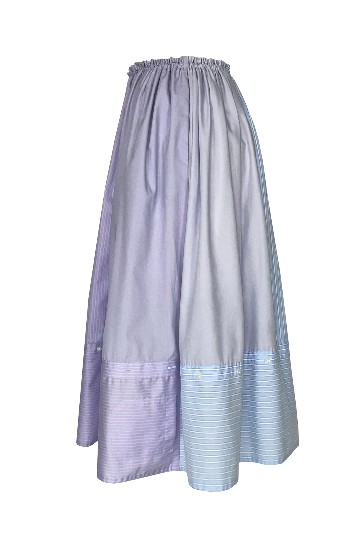 Long multicoloured recycled and reused skirt with a subtle pattern on a white background