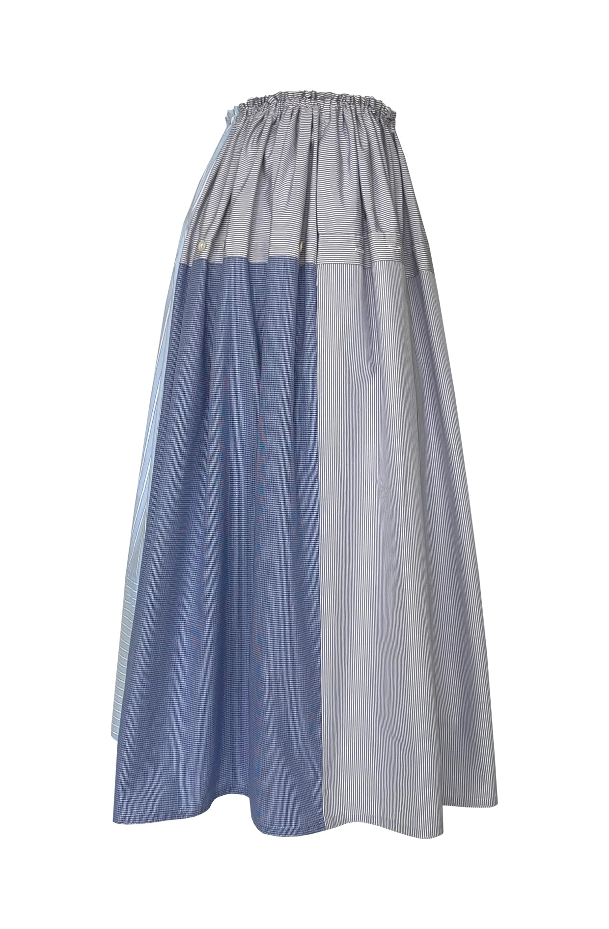 Long gathered flowing skirt with blue and gray color block contemporary design on a white background