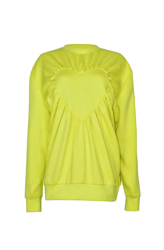 Bold and bright yellow gathered heart sweater in organic cotton.