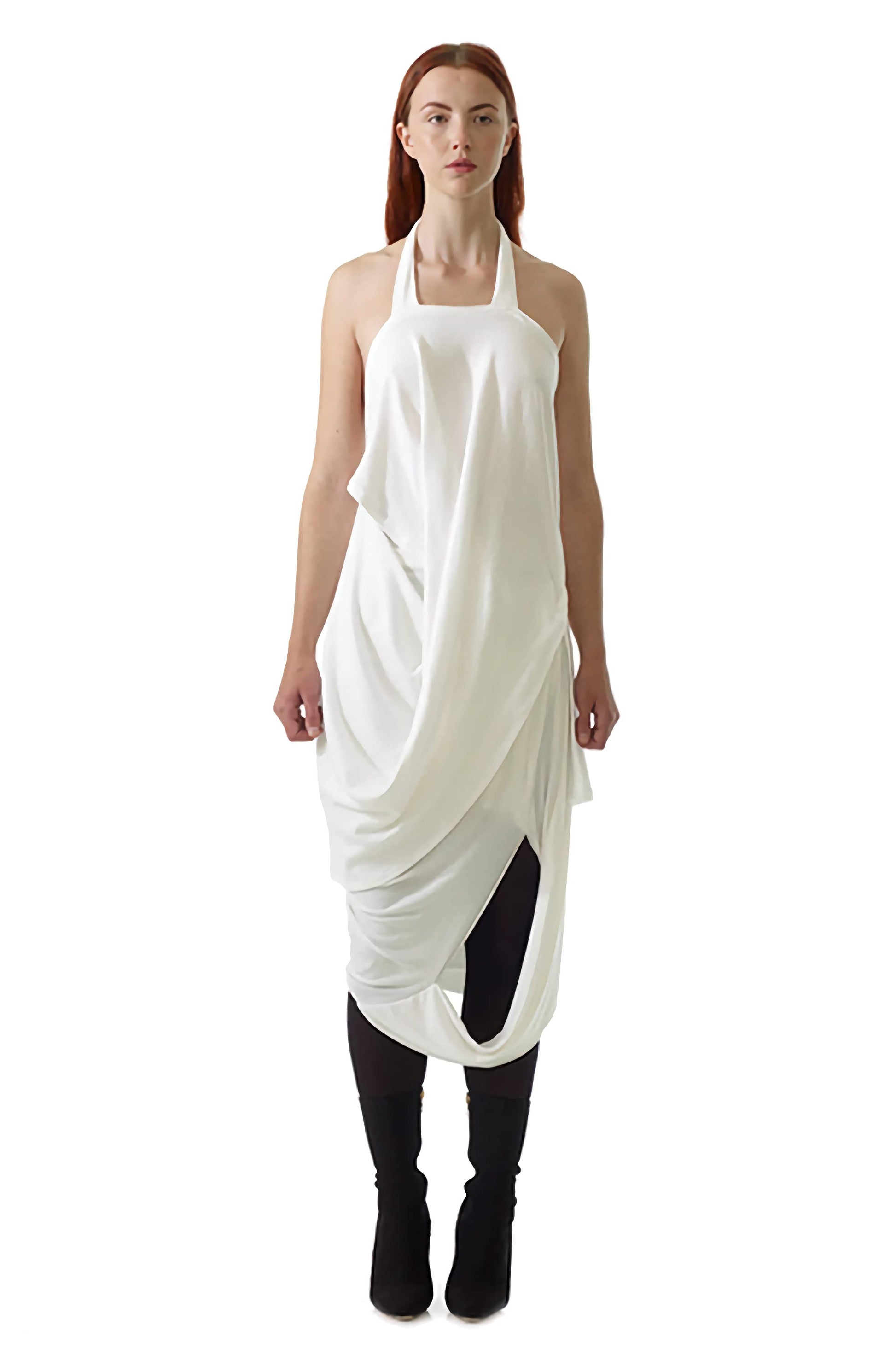 White drape missing skirt is a wearable art piece that is sustainable and zero waste 