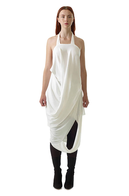 White missing skirt showing cutout draping detail, zero-waste innovative eco-fashion UK
