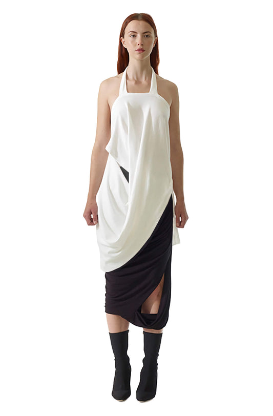 Front view of the black drape jersey missing skirt made in britain available to buy online.
