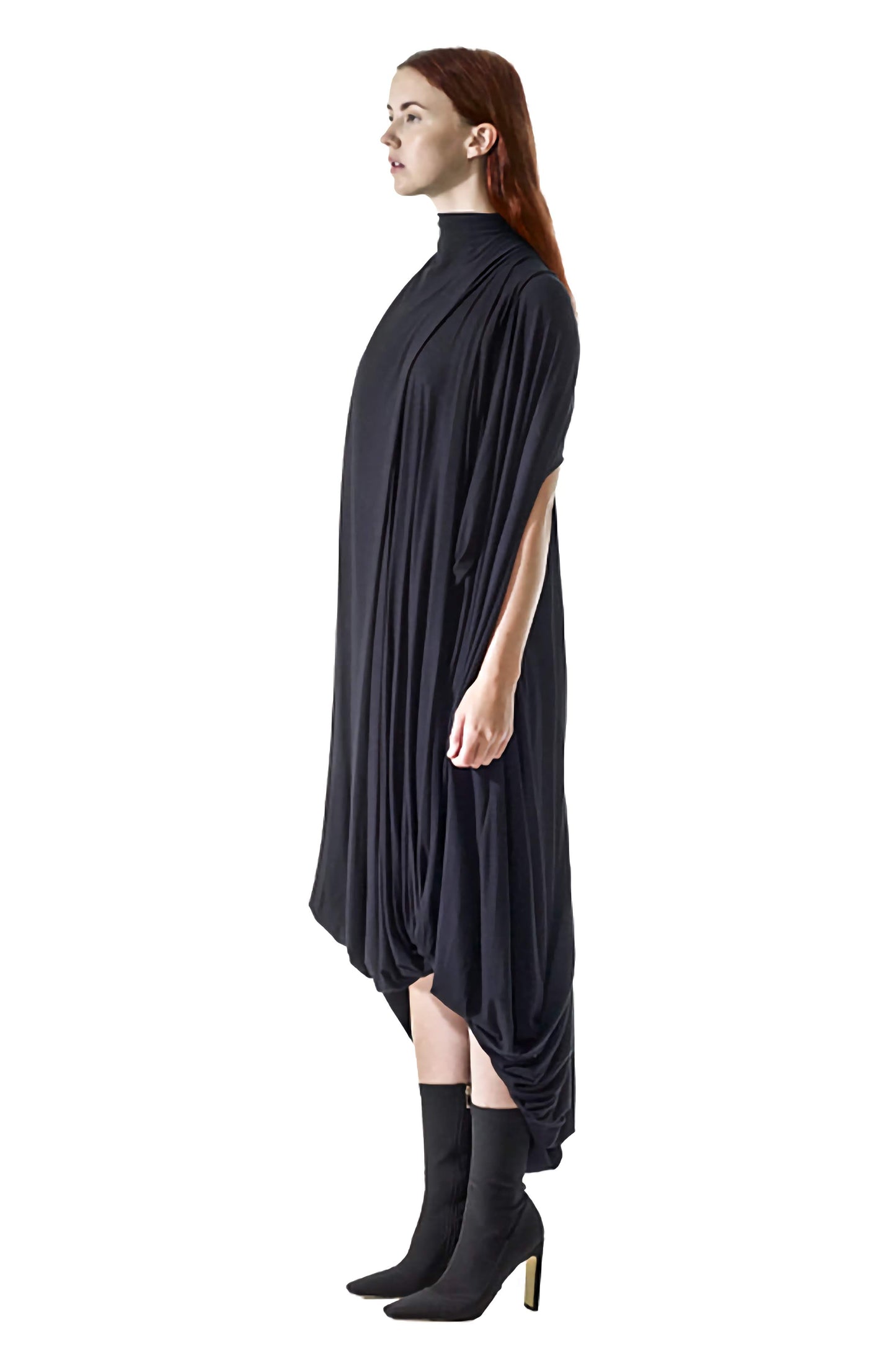 Side view luxury designer drape dress zero waste sustainable high fashion with timeless one size style.