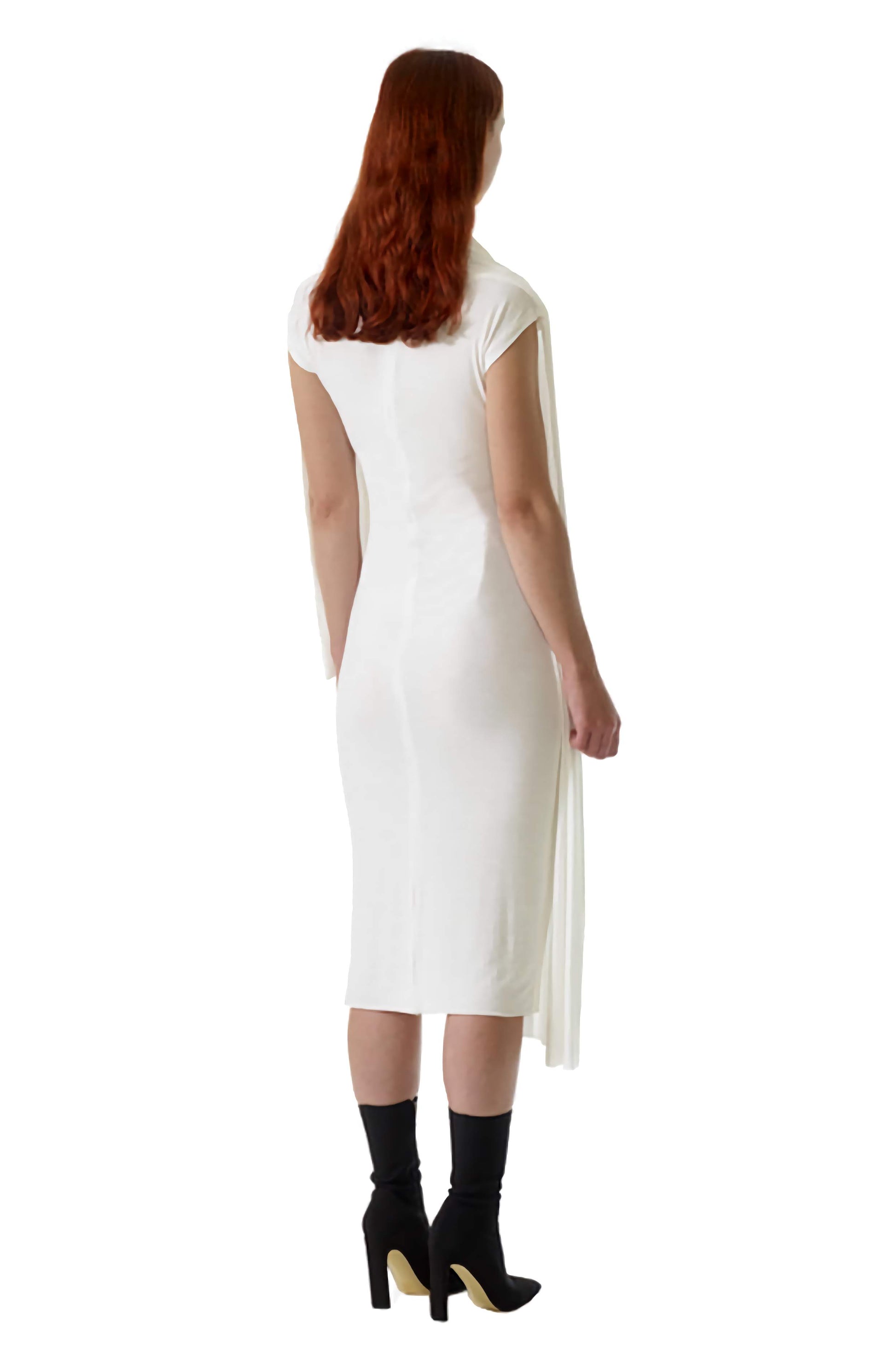 Luxury bespoke designer ivory jersey dress with plain back and artistic drapery front