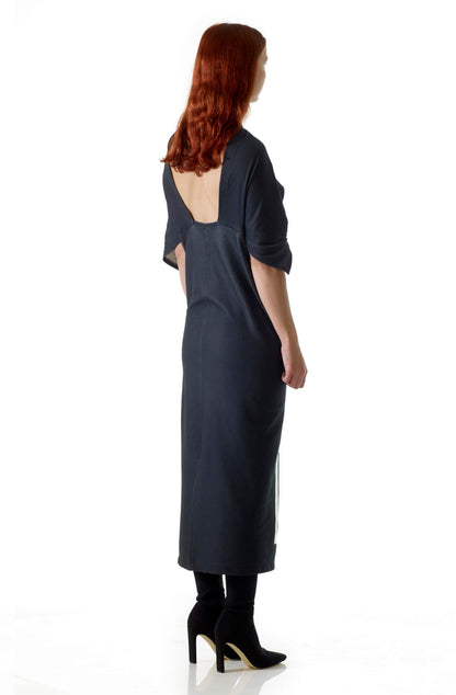 Zero-waste organic cotton dress with open back and graphic print, sustainable luxury made in UK