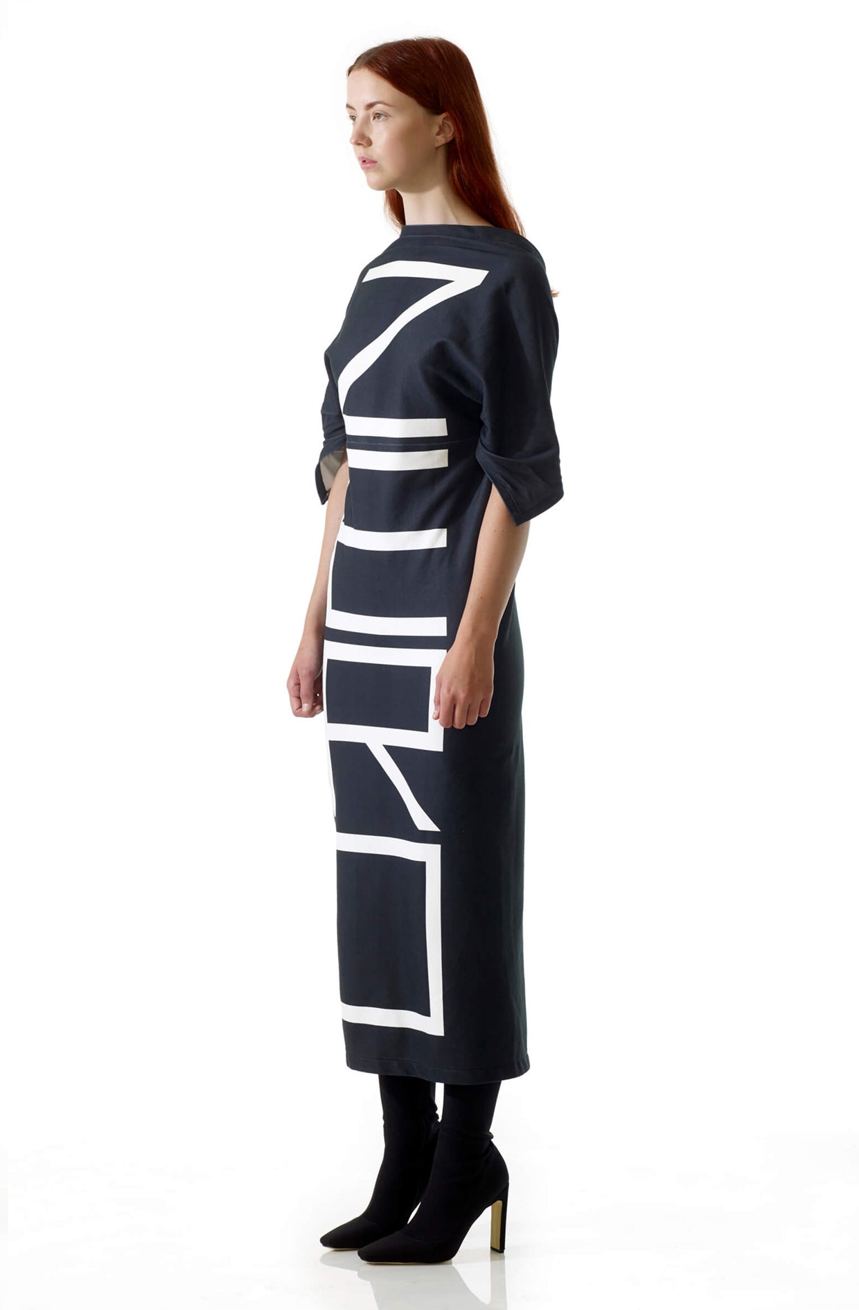 Zero-waste organic cotton dress with graphic print in eco-friendly printing, sustainable luxury made in UK