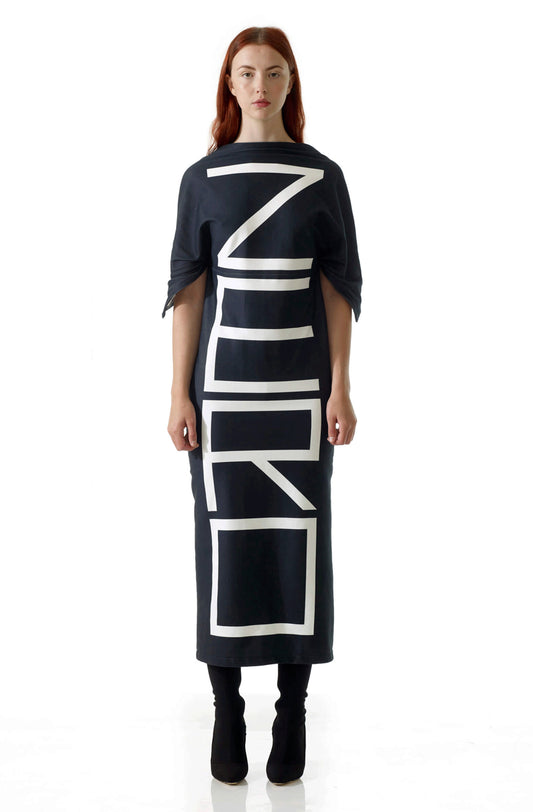 Zero-waste organic cotton dress with bold graphic print, sustainable storytelling luxury made-to-order in UK
