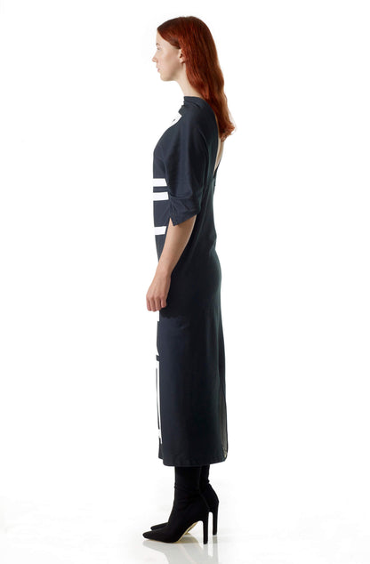 Zero-waste organic cotton dress with bold graphic print, sustainable luxury made-to-order in UK