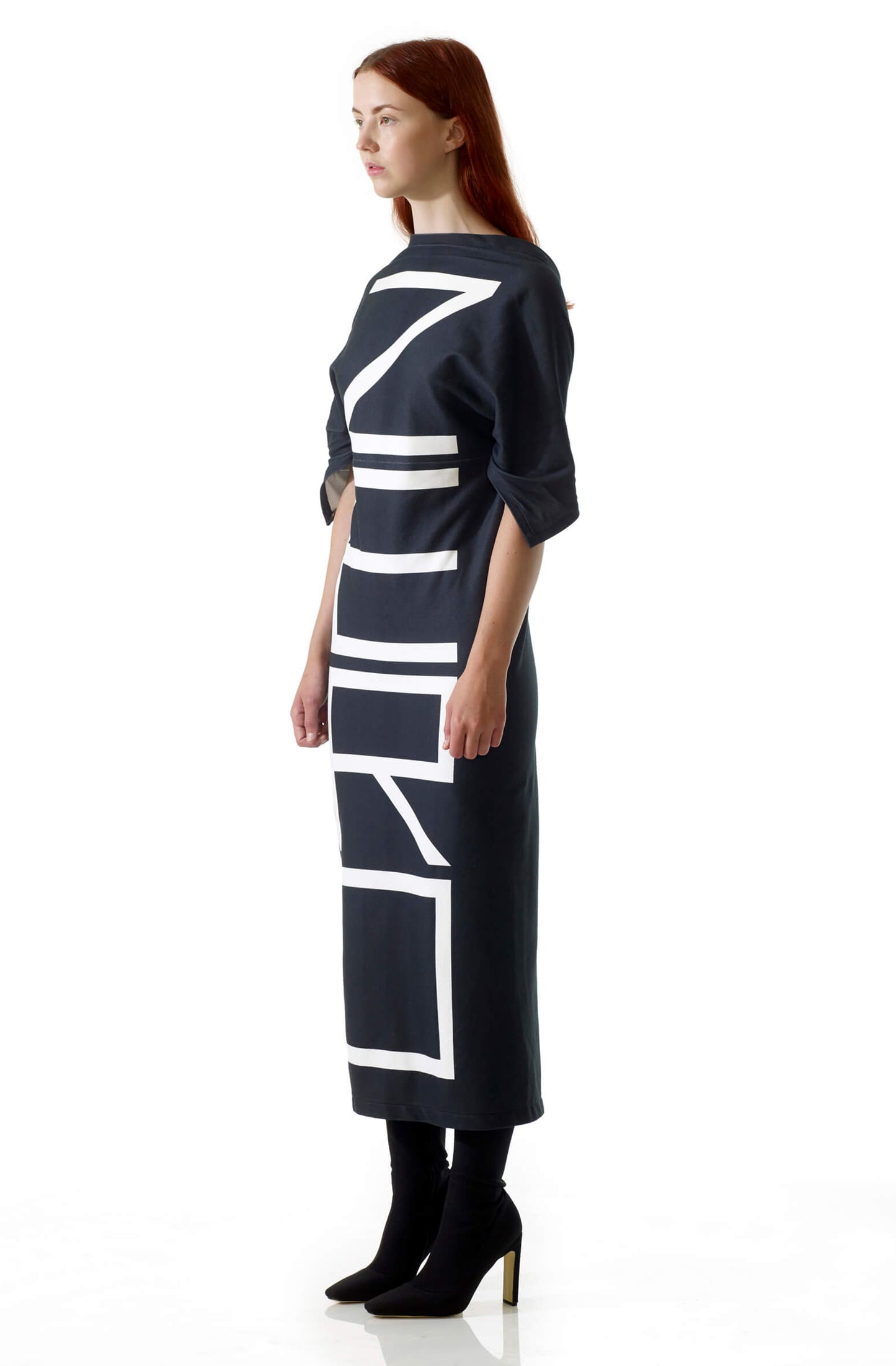 Zero-waste organic cotton dress with graphic print in eco-friendly printing, sustainable luxury made in UK