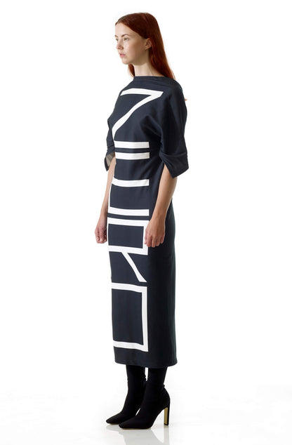 Zero-waste organic cotton dress with graphic print in eco-friendly printing, sustainable luxury made in UK