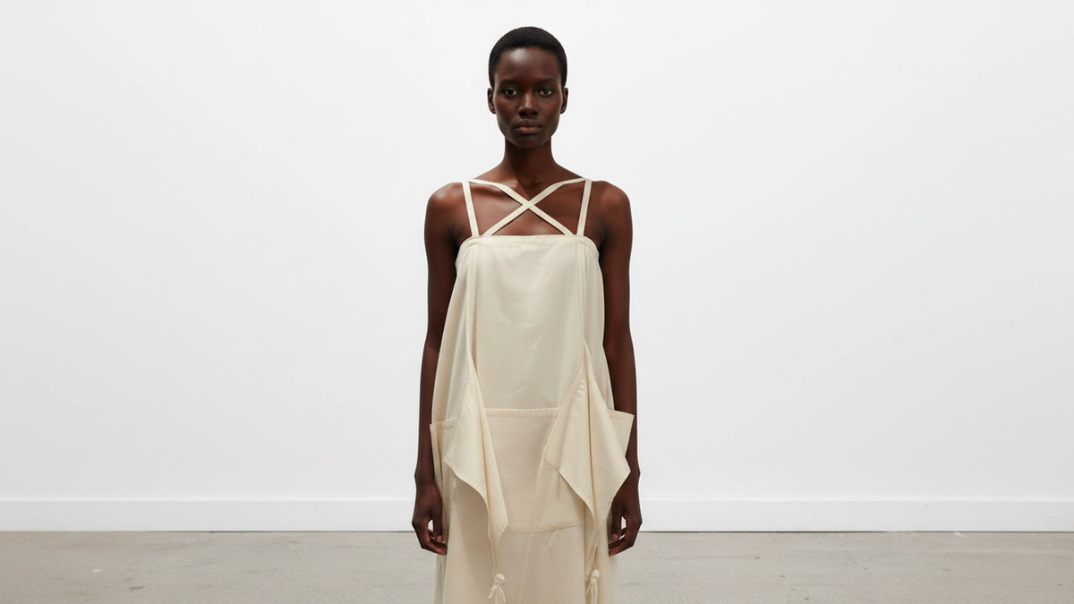 A model stands in a white studio wearing the Cunnington & Sanderson Organic Zero Waste Apron Dress in cream, embodying the brand's commitment to innovative sustainable fashion design.